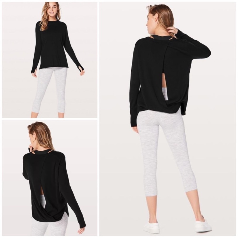 Lululemon Bring It Backbend Black Cashmere Blend Open Back Yoga Sweater